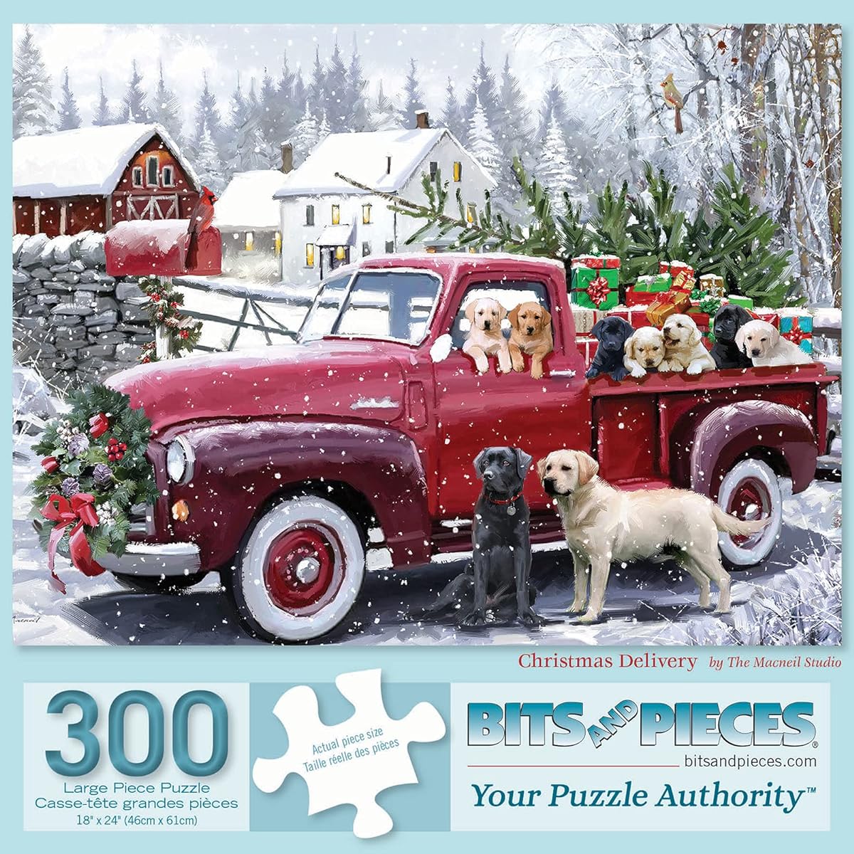 Bits and Pieces - 300 Piece Jigsaw Puzzle for Adults 18" x 24" - Christmas Delivery - 300 Piece Dog Truck Puppy Snow Winter Holiday Farm Barn Forest Present Gift Tree Jigsaw Artist: Macneil Studio