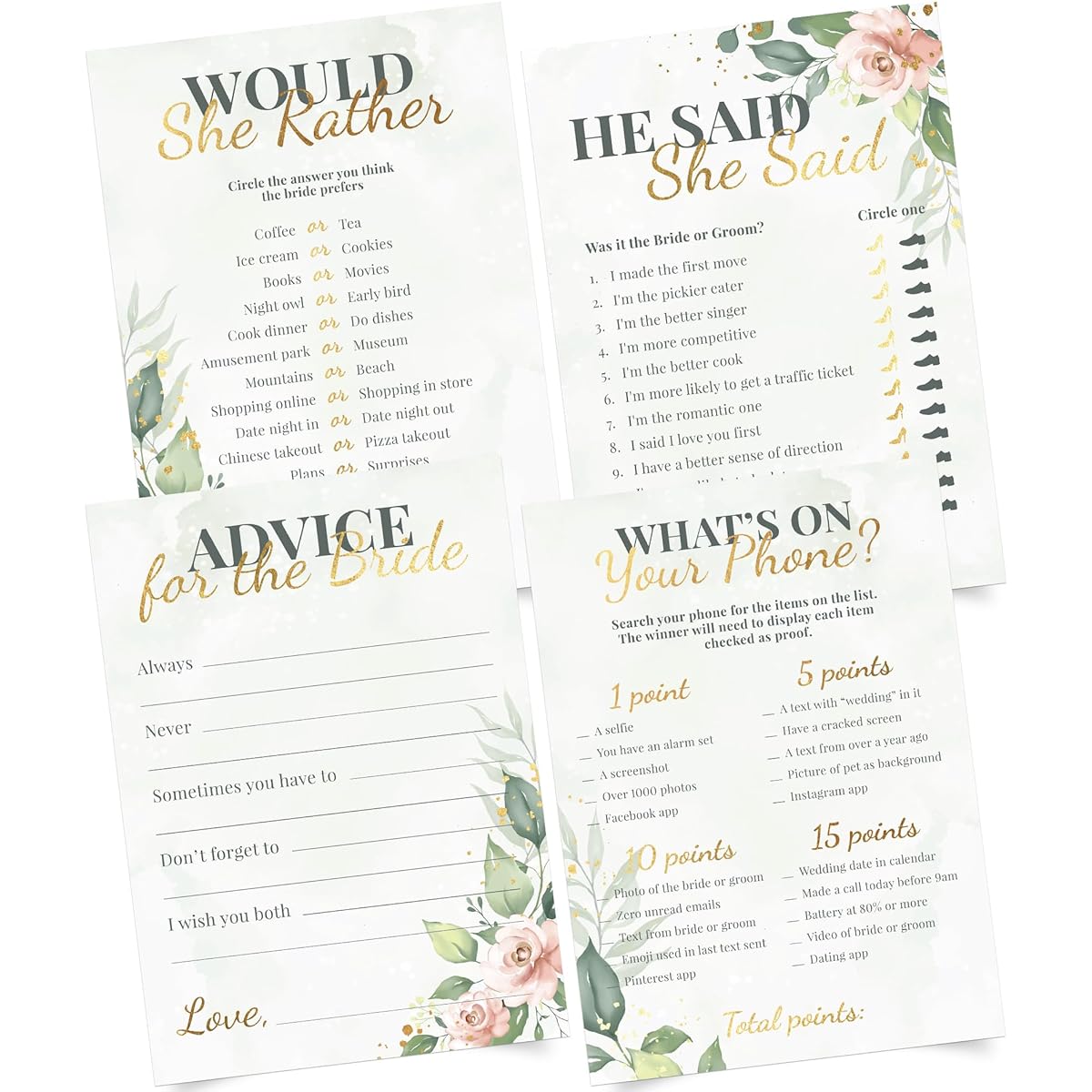 Bridal Shower Game + Advice Cards - For 30 People - Double-Sided Cards 4 Activities 3 Games + 1 Advice Card - Green Floral Wedding Shower Game with Gold Metallic Details Set of 4