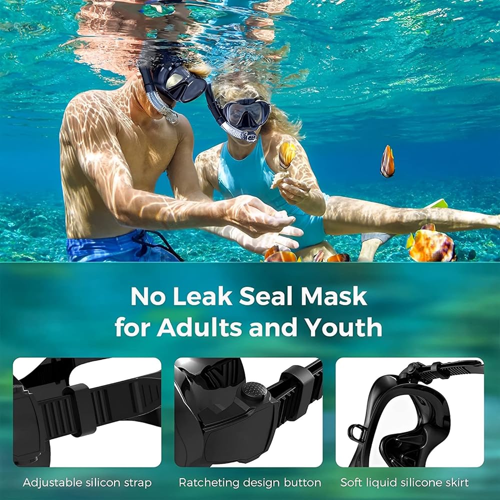 REYGEAK Snorkel Set Snorkeling 2 Piece Set Snorkel Camera Mount Compatible with GoPro 180° Viewing Frameless Swimming Face Mask Scuba Mouthpiece Diving Snorkel Mask for GoPro Hero Goggles Diving Glasses Underwater Glasses Anti-Fog Water Leak Prevention S