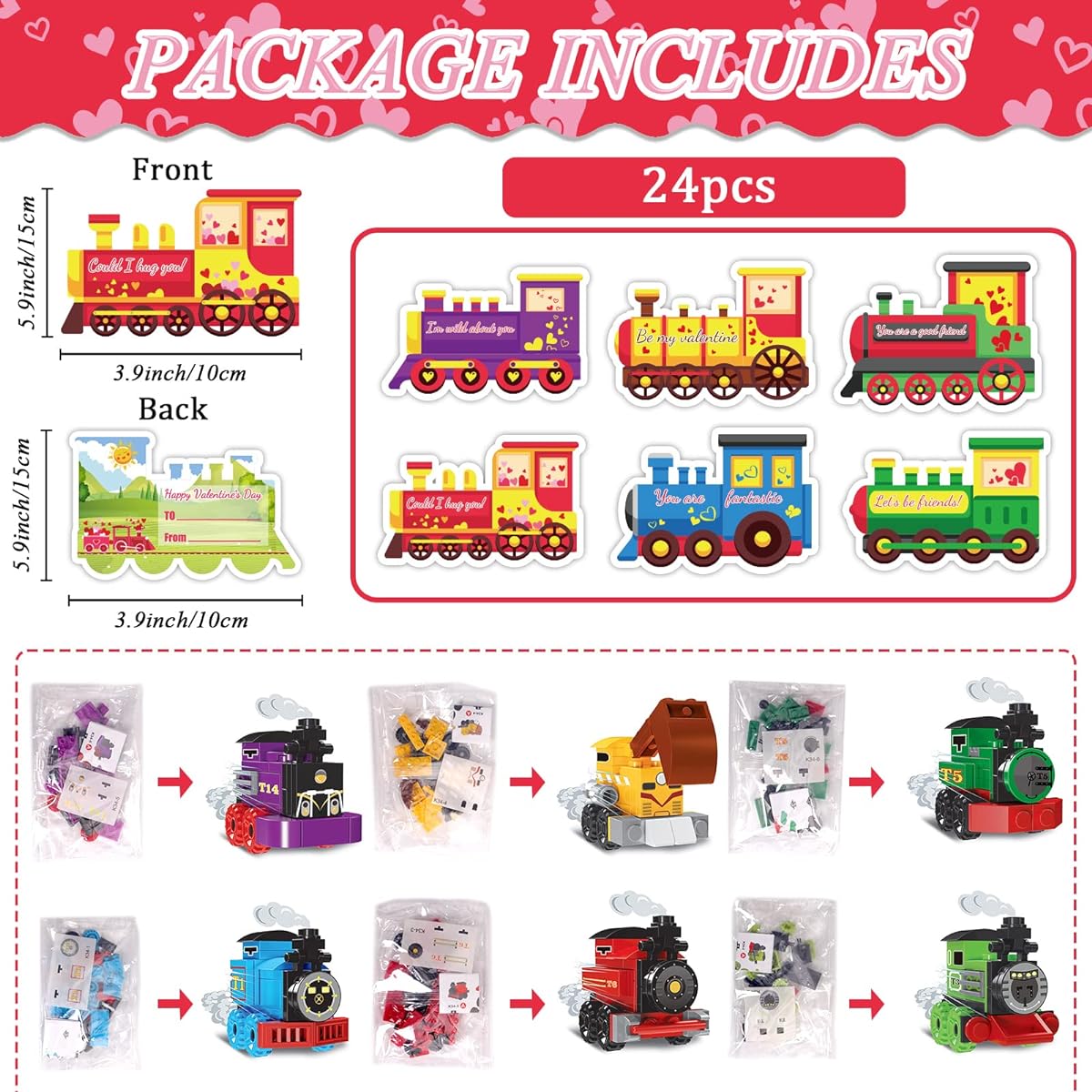 gisgfim 24 Pieces Valentine's Day Cards with Train Building Blocks for Kids Valentine's Day Greeting Cards Valentine Gift Exchange Cards for Girls Boys School Classroom Giveaways Party Favors Toys