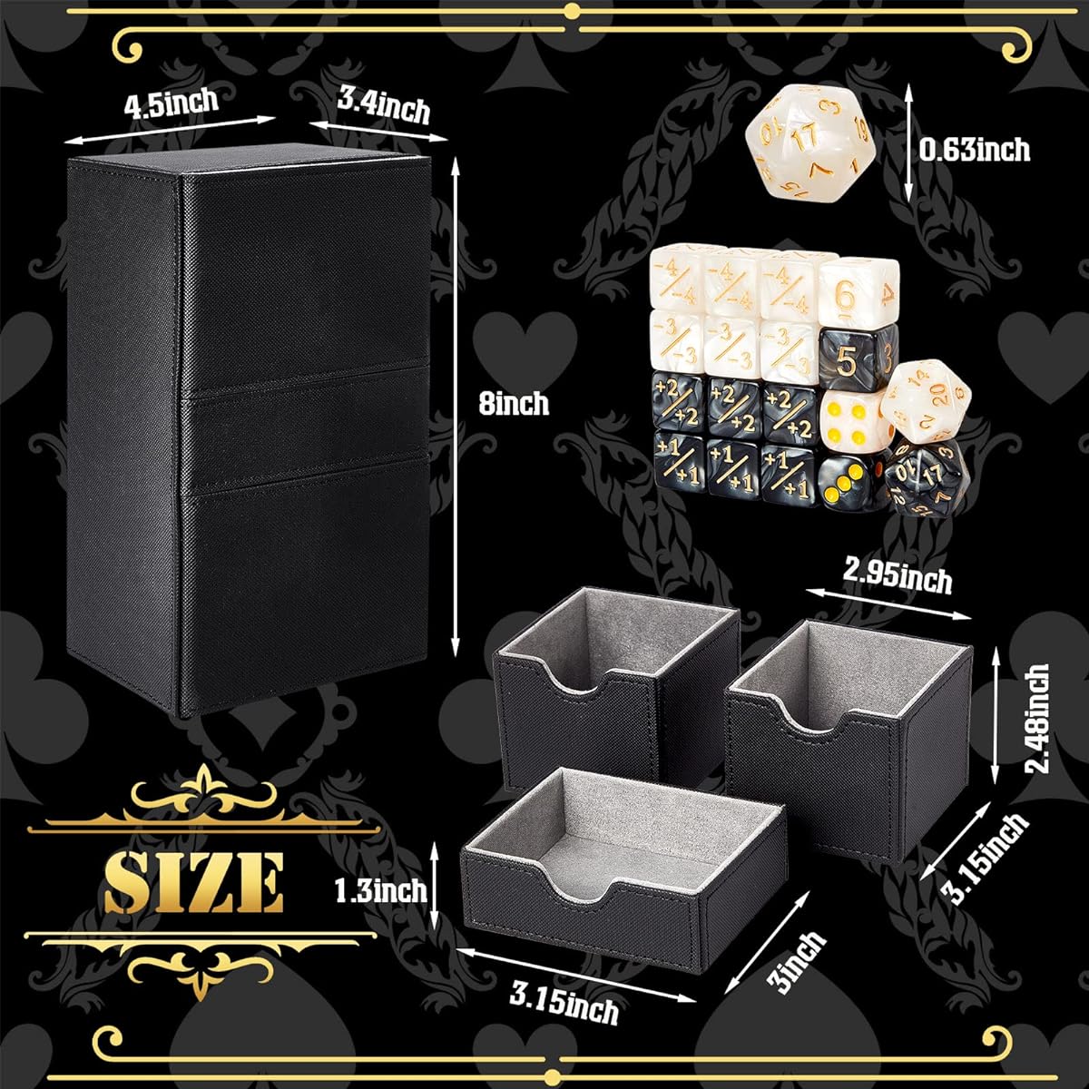 Deekin Deck Card Box Card Deck Game Box Compatible with MTG TCG CCG Commander Deck Playing Card Case Card Deck Holder 3 Trays for 220+ Sleeved Cards with 18 Dice 8" x 4.5" x 3.4" (Black)