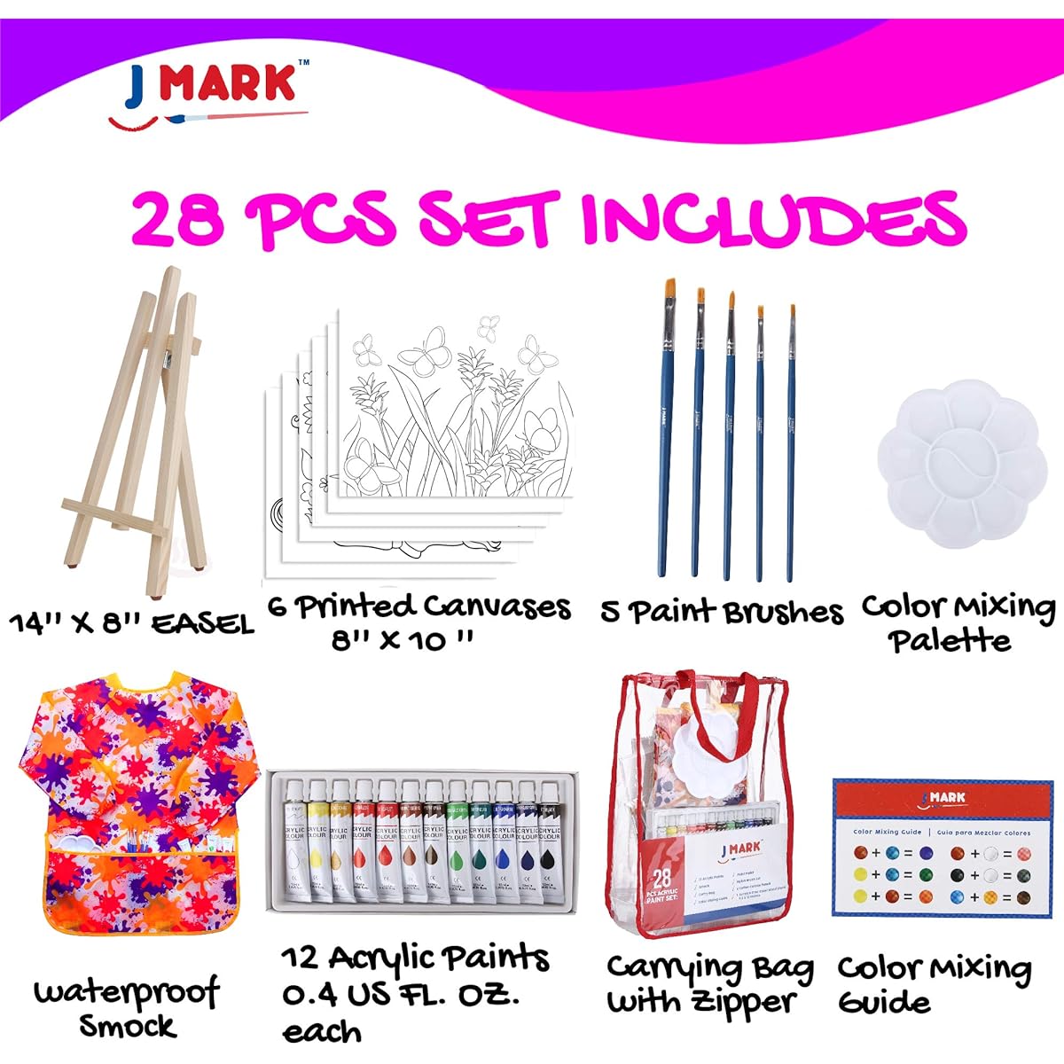 J Mark Kids Girls Art Set - 28 Piece Acrylic Paint Supplies Kit with Storage Bag, 12 Washable Paints, Scratch-Free Paint Easel, 6 Stencil Canvases, 8 x 10 Inch, 5 Brushes, 10 Well Palettes