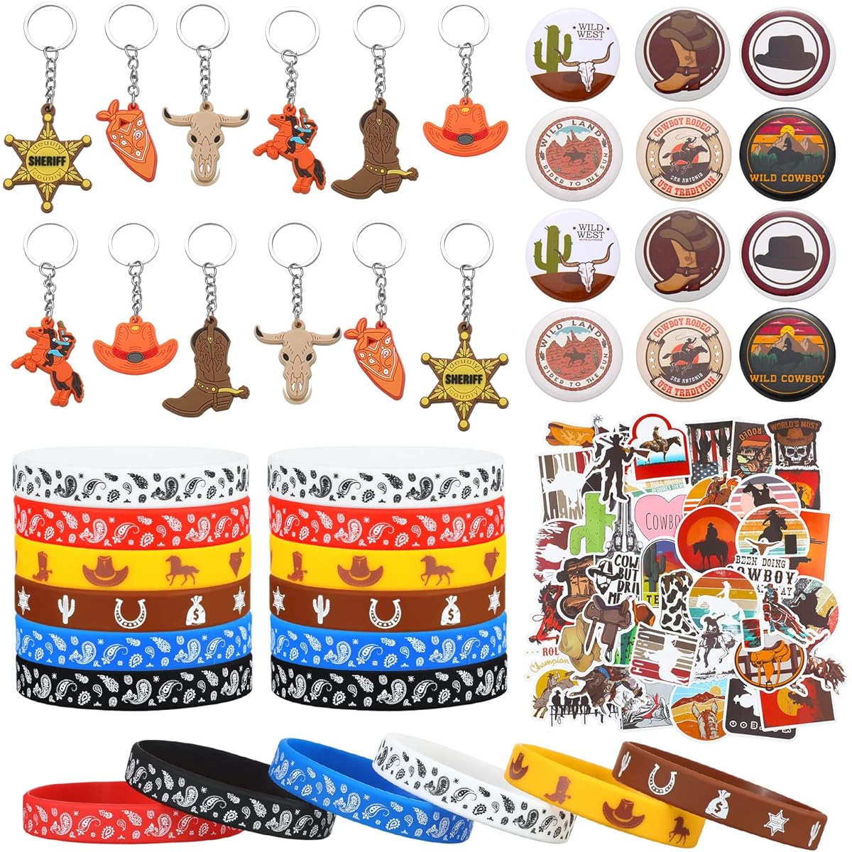 Sureio 86pcs Western Cowboy Party Favors, 12pcs Western Cowboy Silicone Bracelets, 12pcs Western Cowboy Keychains, 12pcs Button Pins, Waterproof Cowboy Stickers for Western Cowboy Theme Party