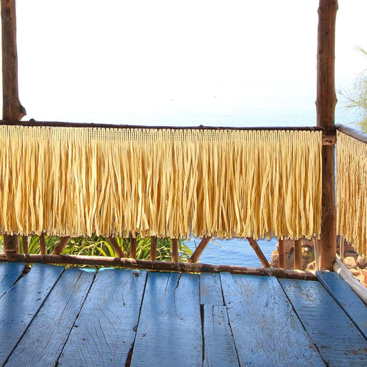 8 Pieces Hawaiian Luau Glass Raffia Fringe Banner Table Skirt Tropical Birthday Party Tiki Bar Decorations Hula Tiki Raffia Glass Table Banner for Summer Beach Party 157(W)X12(H)
