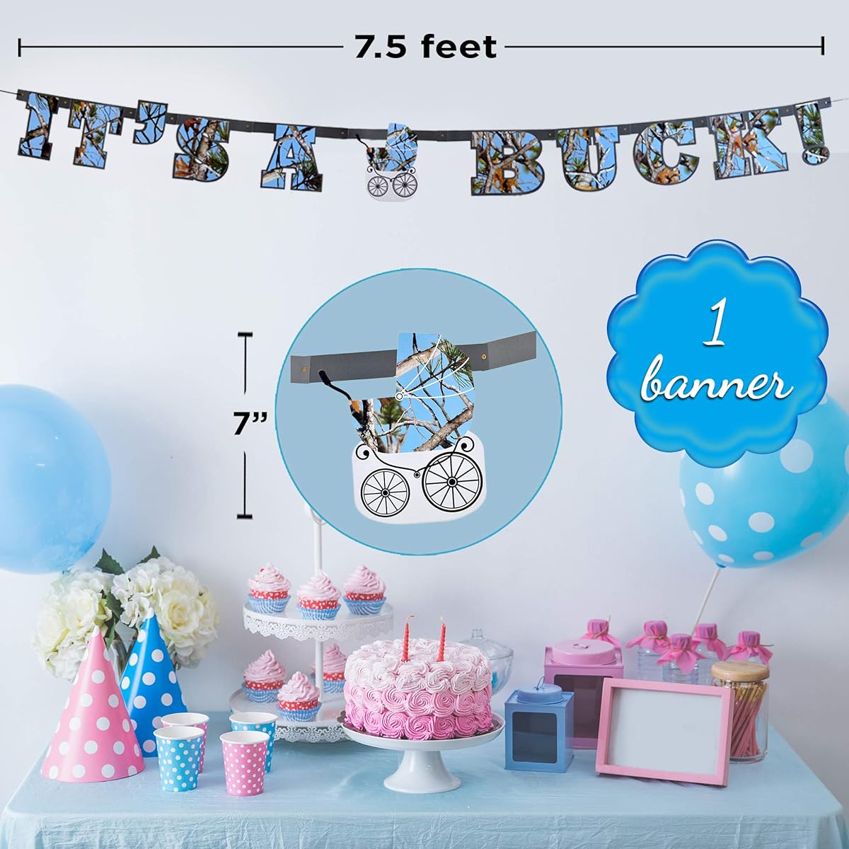 Havercamp Baby Boy Camo Gender Reveal Banner - It's A Buck Banner! - 7 1/2 feet long with 7 inch letters in light blue camo. Baby Boy Gender Reveal Party Collection