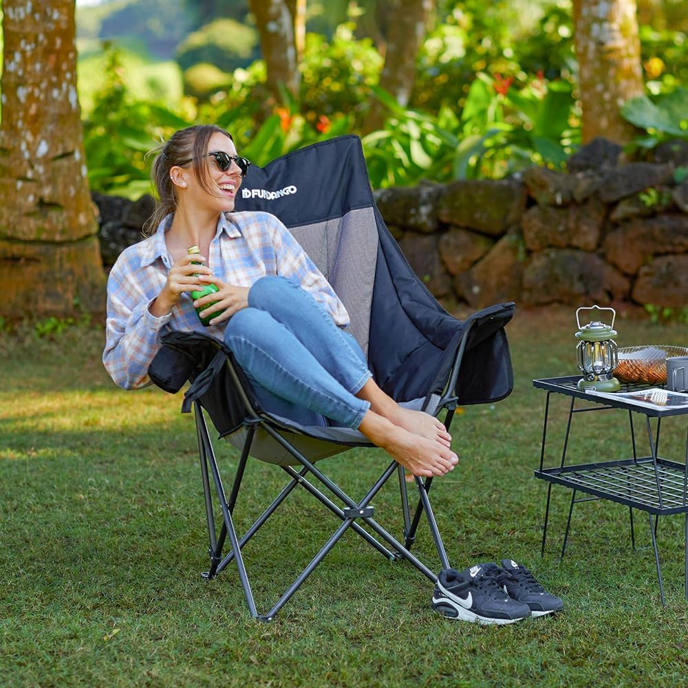 FUNDANGO Outdoor Chair, Folding, Convergence Type, High Back, No Assembly Required, Opens/Closes in 5 Seconds, Portable, Includes Pocket, Load Capacity 150 kg, Camping Chair, For Fishing, Climbing, Indoors, Outdoors, Storage Bag Included