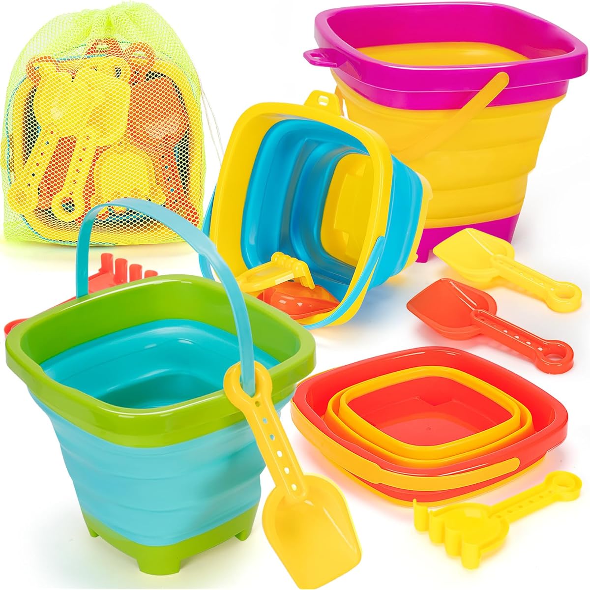 4 Pack Collapsible Bucket Bucket with Shovel & Mesh Bag, Collapsible Bucket Multipurpose Beach Camping Equipment Beach Party Fishing Fun Summer Activities