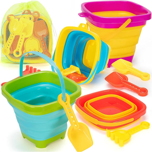 4 Pack Collapsible Bucket Bucket with Shovel & Mesh Bag, Collapsible Bucket Multipurpose Beach Camping Equipment Beach Party Fishing Fun Summer Activities