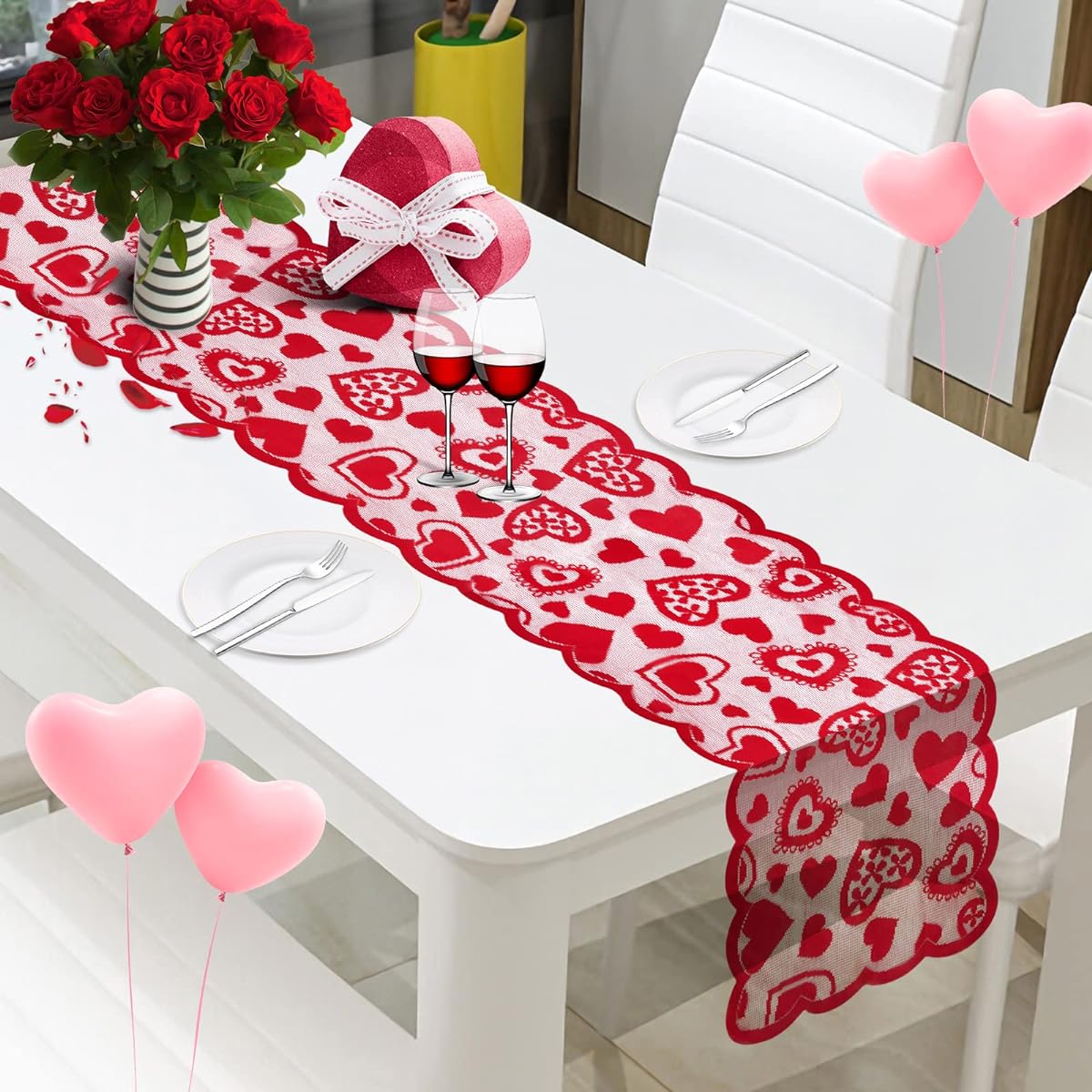 RioGree Valentine's Day Decoration Table Runner & Placemat Set, 1pc Lace Heart Table Runner and 4pc Lace Table Placemats for Wedding Party Anniversary Valentine's Day Sweet Day Dinner Supplies