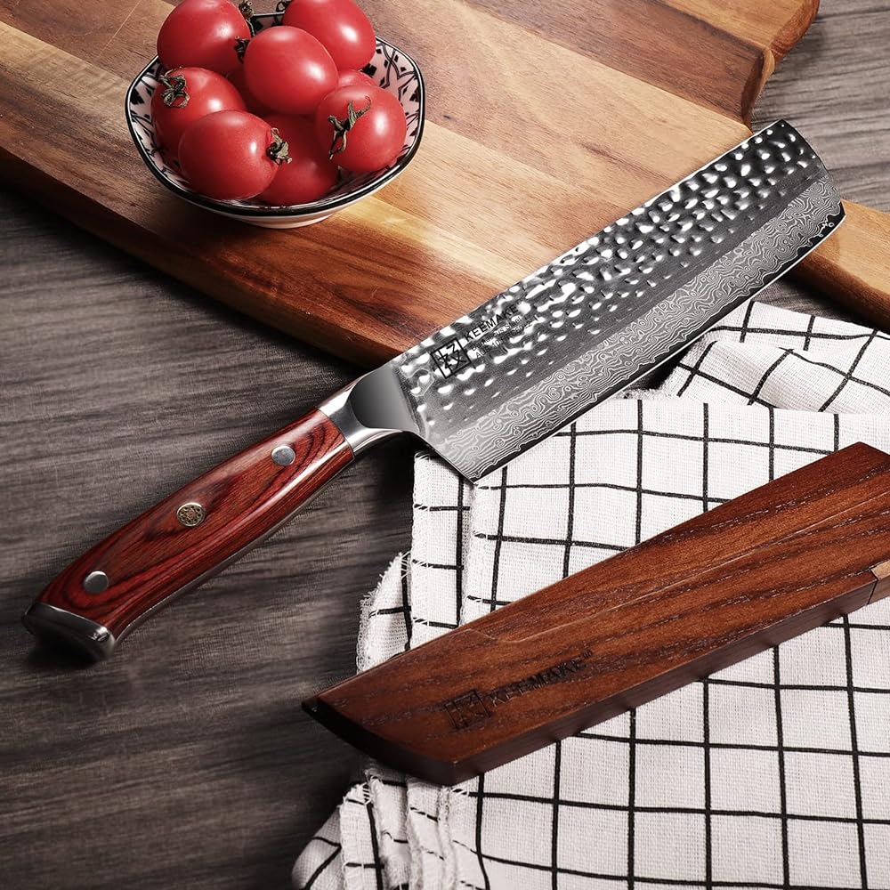 KEEMAKE Kitchen Knife, Nakiri Knife, Gyuto, Chef Knife, 180MM with Saya, Damascus, 67 Layers, Hammered Stainless Steel, Household Paring Knife, Santoku Knife, All-Purpose Knife, Vegetable Cutting, Meat Cutting, Kitchen Knife, Gift, Bread Knife