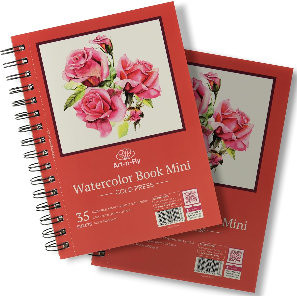 Art-n-Fly A5 5.5 x 8.5 inch Watercolor Sketch Pad Mini Book - 2 Pack x 35 Sheets - Spiral Bound and Micro Perforated - 300gsm / 140lb 18.5 x 5.5 Inch