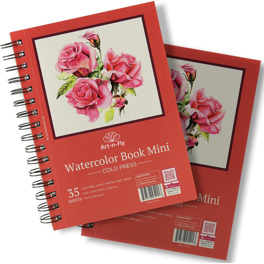 Art-n-Fly A5 5.5 x 8.5 inch Watercolor Sketch Pad Mini Book - 2 Pack x 35 Sheets - Spiral Bound and Micro Perforated - 300gsm / 140lb 18.5 x 5.5 Inch