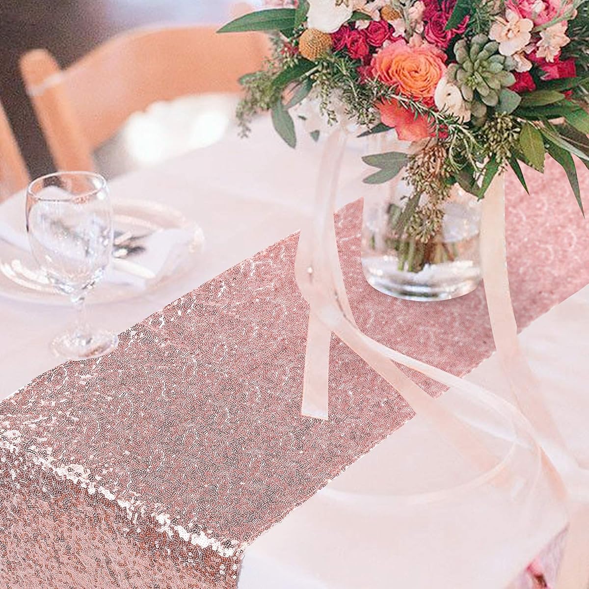 Peomeise Sequin Table Runners for Party Event Decorations, Rose Gold, 12"x108" Set of 6