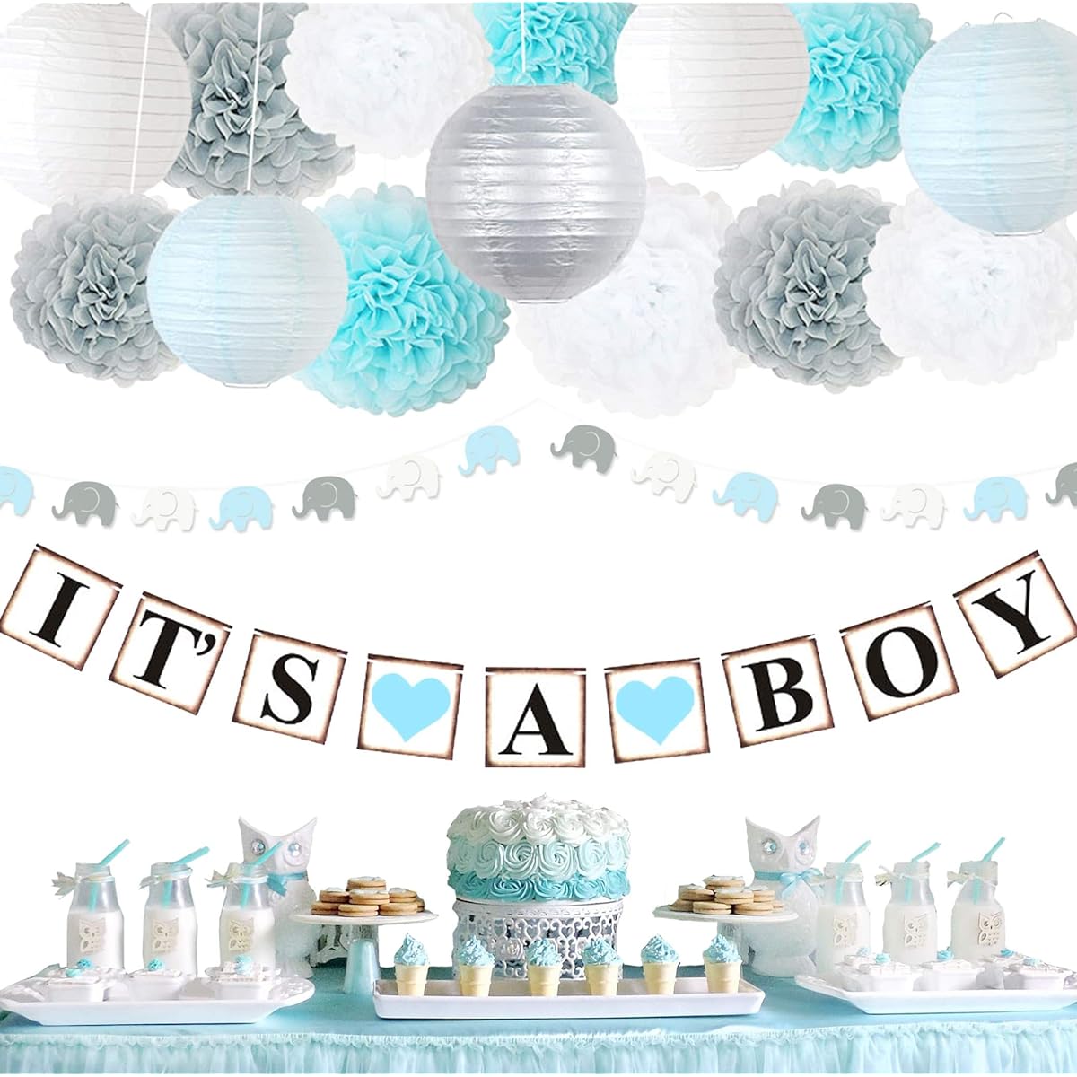 LeSparkle Baby Shower Decorations for Boys Premium Quality IT'S A BOY Banner, Elephant Garland, Flower Pom Poms, Paper Lanterns (Light Blue, White, Grey)