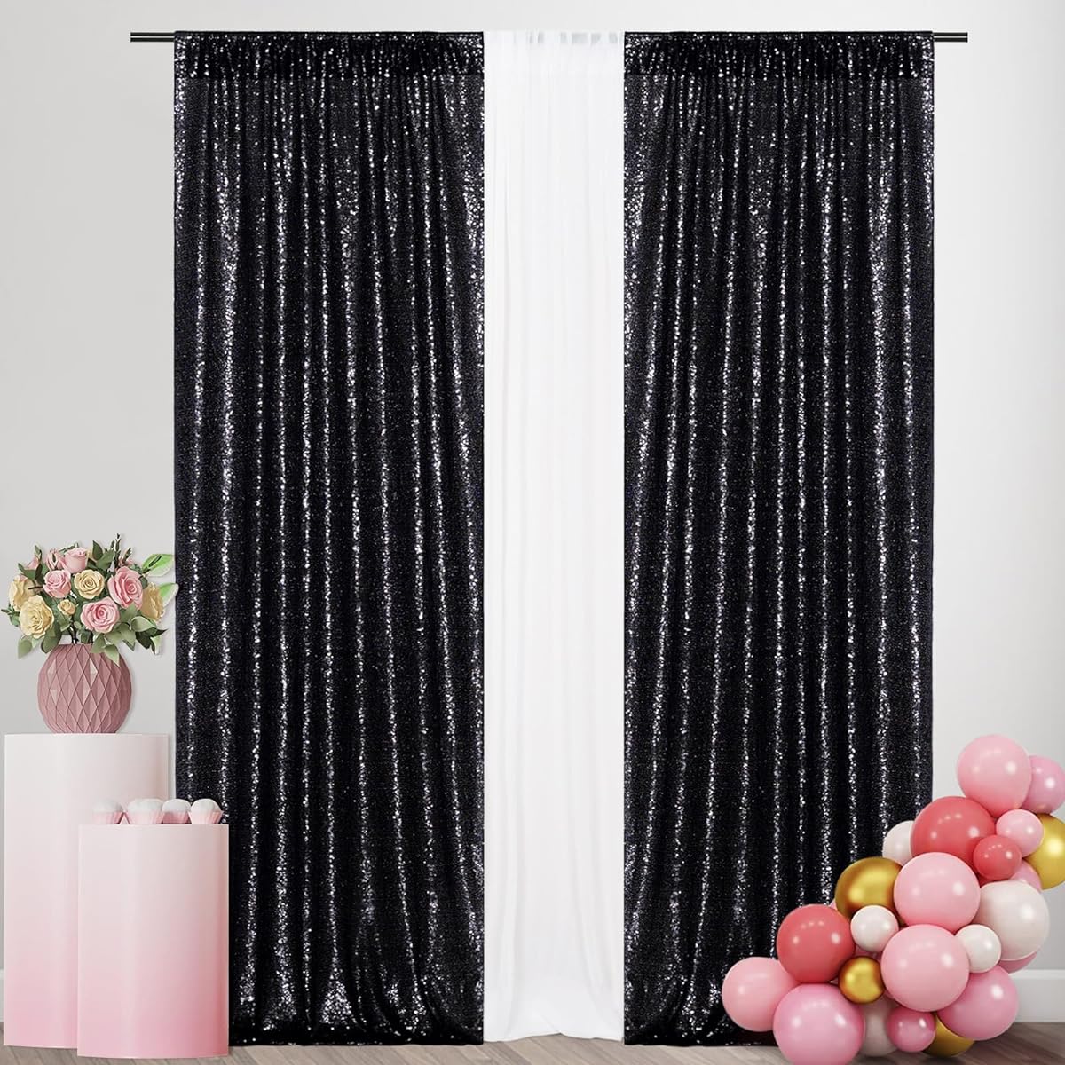 SquarePie Sequin Backdrop 2ft x 8ft 2pcs Black Background Glitter Curtains for Halloween Party