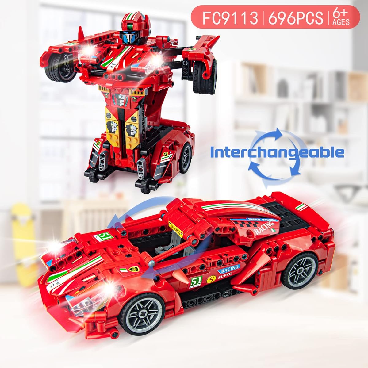 Seyaom Building Toys for Kids 2 in 1 Pull Back Robot Building Toy Car Unique Design Assembly Kit Racing Toy Transform into Robot Toy Creative Birthday Gift for Kids(696 Pieces)