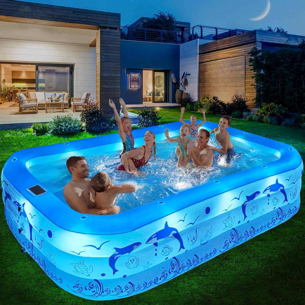 StarOcean Inflatable Pool with Lights, 2024 Upgraded Family Inflatable Pool for Kids and Adults, Blow Up Pool, Solar Powered, Large Kid Pool, 105" x 65" x 25", Extra Large Thick Pool for Backyard