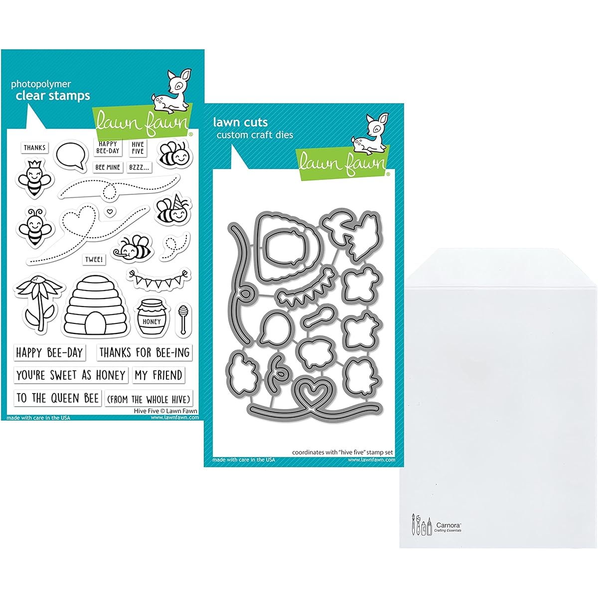 Lawn Fawn Hive Five 4"x6" Clear Stamps and Coordinating Dies, Carnora Storage Pocket, 3 Item Set