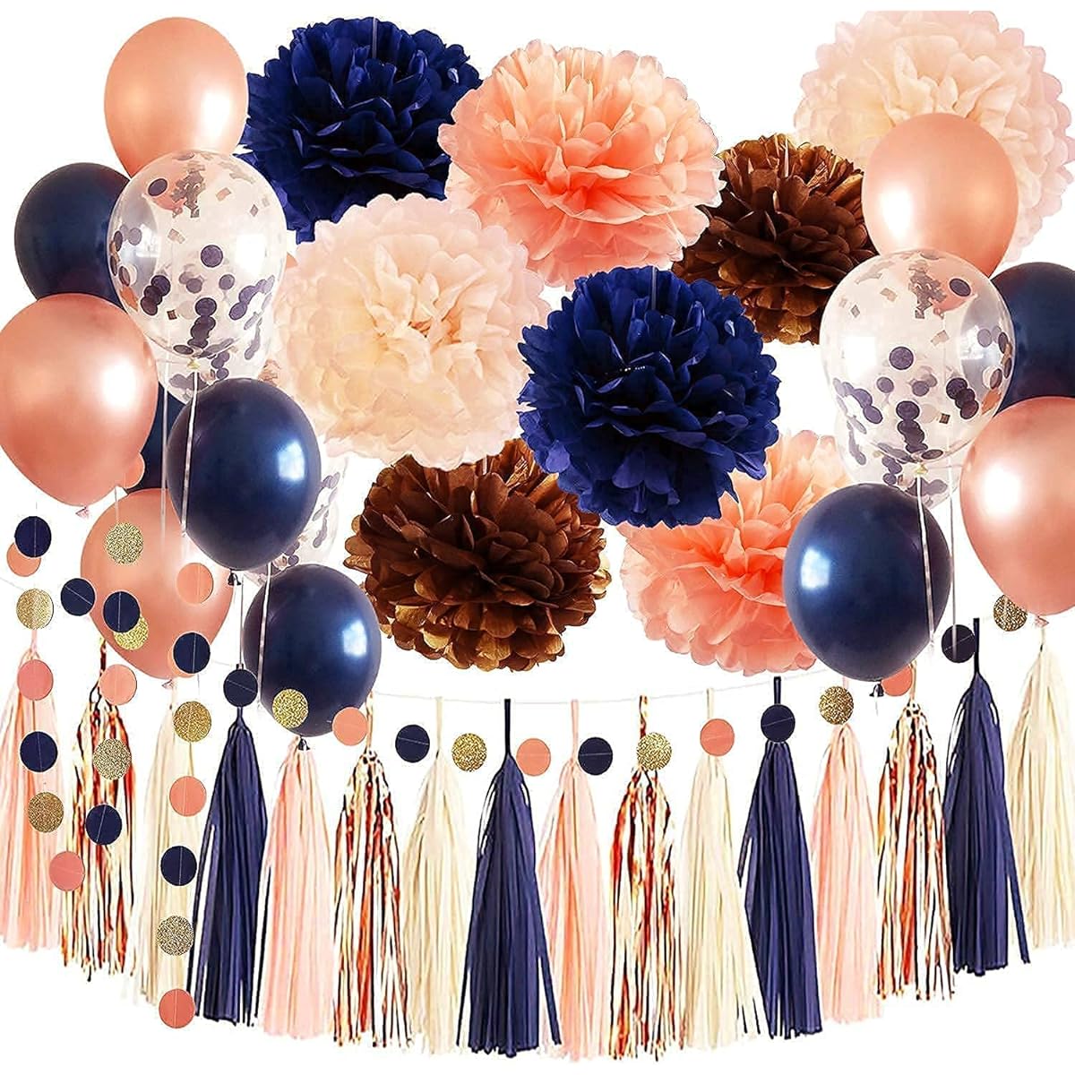 Gender Reveal Party Decorations Navy Rose Gold Birthday Decorations for Women Navy Peach Bridal Shower Decorations Champagne Gold Wedding/Navy Rose Gold Confetti Balloons Bachelorette Party Decorations