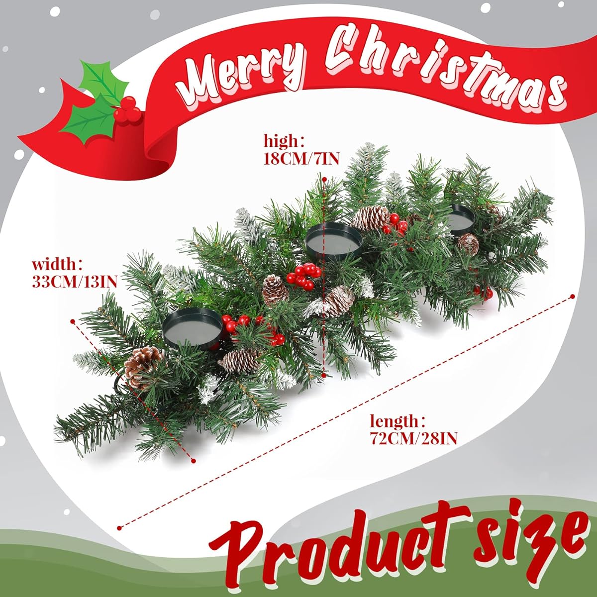 Christmas Table Centerpieces Christmas Candle Holders Artificial Pine Cones Red Berries Metal Base Christmas Centerpieces Festival Home Dining Room Decor 28" x 13" x 7" (LxWxH)