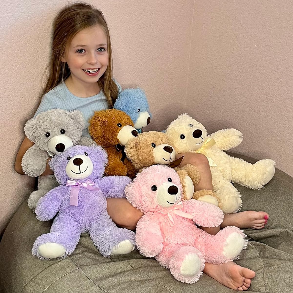 JiguJigu Teddy Bear Plush Toys Set of 7, 7 Colors, Brown, White, Grey, Pink, Purple, Blue, Dark Brown, 13.5 Inch