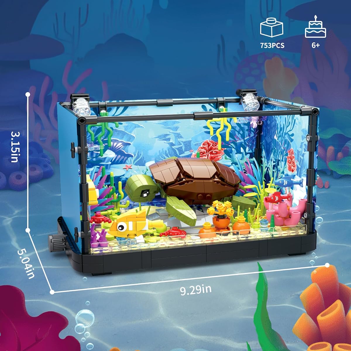 QLT QIAOLETONG Aquarium Turtle Building Blocks Kit with LED Light Creative Sea Animal Model Gift for Kids and Adults(753 Pieces)