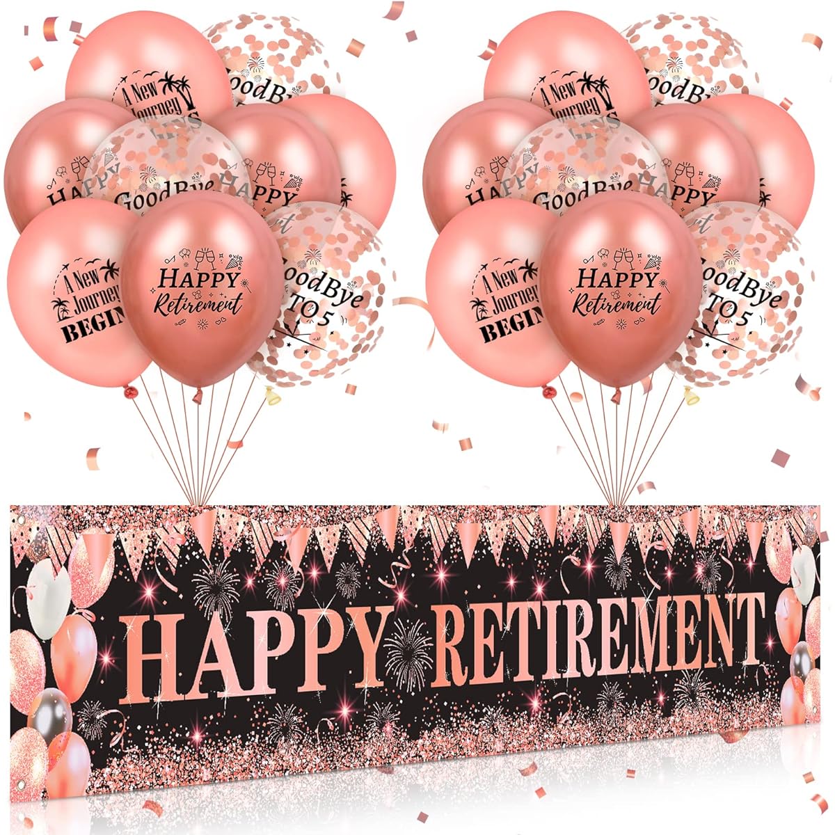Happy Retirement Decorations for Women, Large Rose Gold and Black Happy Retirement Banner Yard Sign with 18 Rose Gold Retirement Balloons for Women Men Retirement Farewell Anniversary Party Supplies