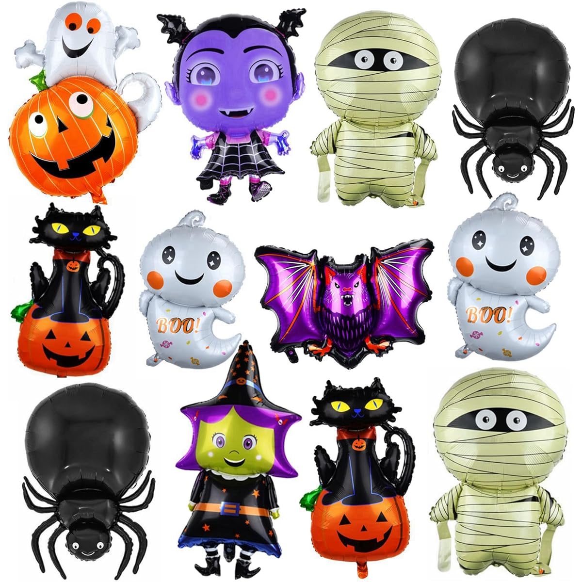 ASTARON Halloween Balloons, Halloween Party Decorations, 12pcs Halloween Foil Balloons Witch Cat Pumpkin Ghost Balloons Halloween Party Favors Supplies