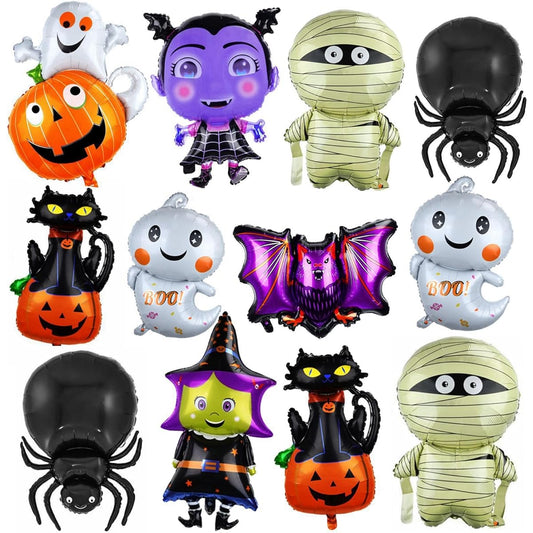 ASTARON Halloween Balloons, Halloween Party Decorations, 12pcs Halloween Foil Balloons Witch Cat Pumpkin Ghost Balloons Halloween Party Favors Supplies