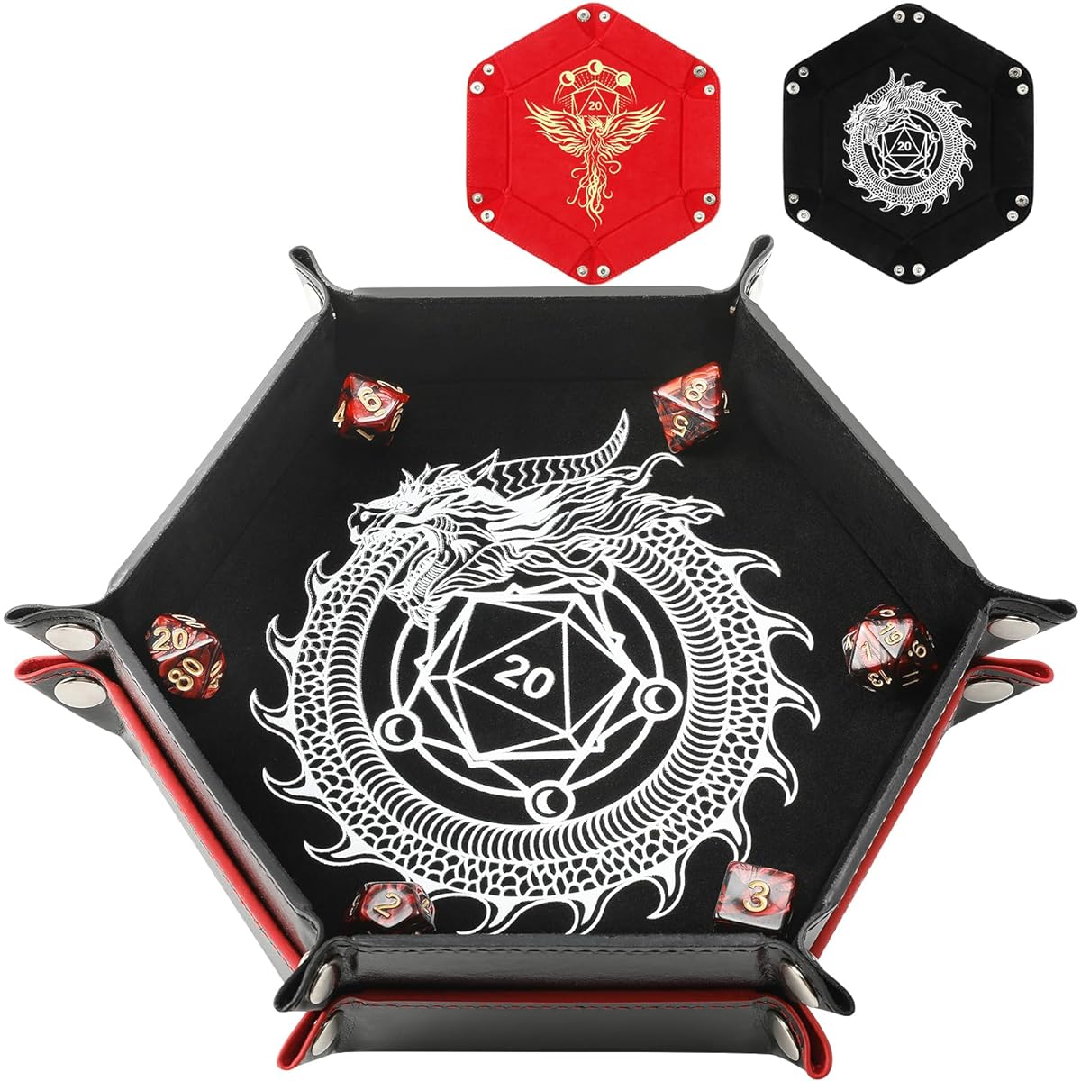 Grajar Portable Foldable Dice Rolling Tray Set of 2 for RPG DND Table Games, PU Leather and Velvet Holder Storage Box Dragon and Phoenix