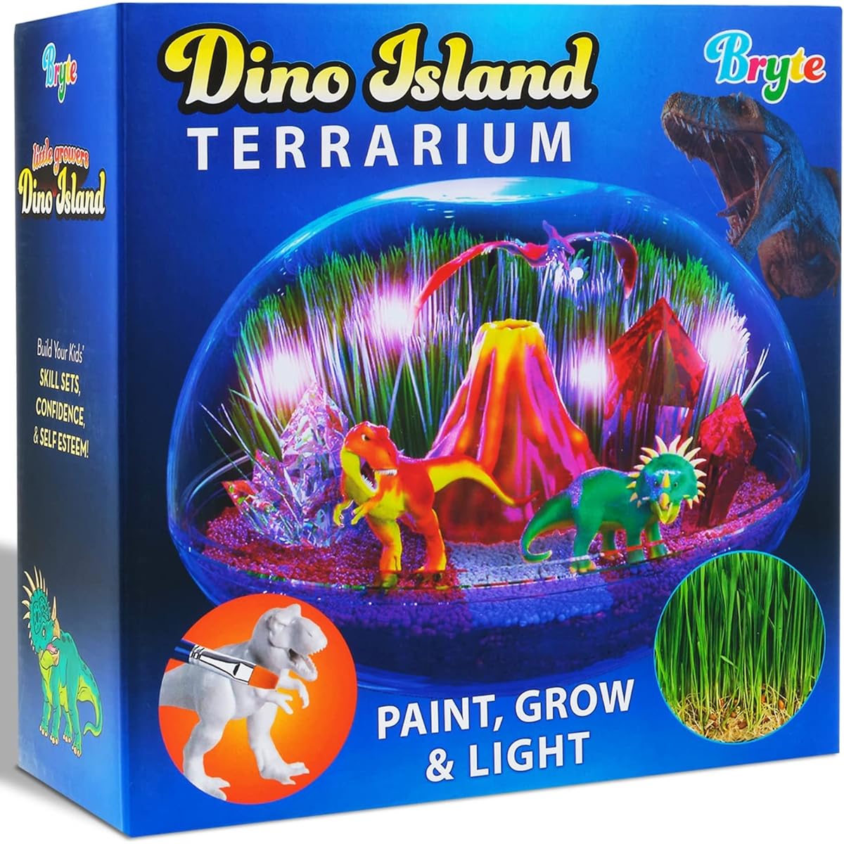 Bryte Dinosaur Light Up Terrarium Kit for Kids | Create a Dinosaur Habitat with Real Plants, Figurines, Volcano and LED Lights | DIY Science Kit, STEM Activity, Arts & Crafts for Kids Ages 8-12