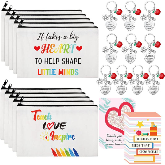 30 Pieces Teacher Appreciation Gift Set, 10 Teacher Cosmetic Bags, 10 Makeup Pouches, 10 Teacher Keychains, 10 Teacher Thank You Cards, Teacher Gifts for Christmas, Teacher's Day, Year End, Bright Colors, 10 x 15 cm, Makeup Bag