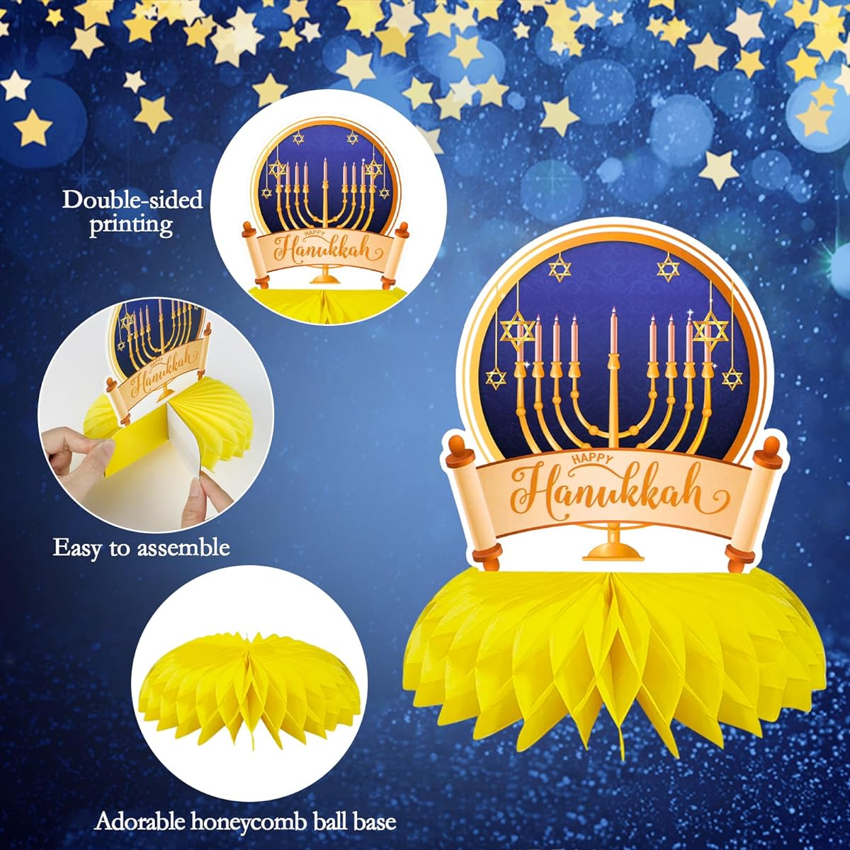 HOWAF Hanukkah Table Decorations Honeycomb Centerpieces Hanukkah Party Supplies Table Toppers Centerpieces Dreidel Menorah Chanukah Decorations Home Table Decor 9pcs