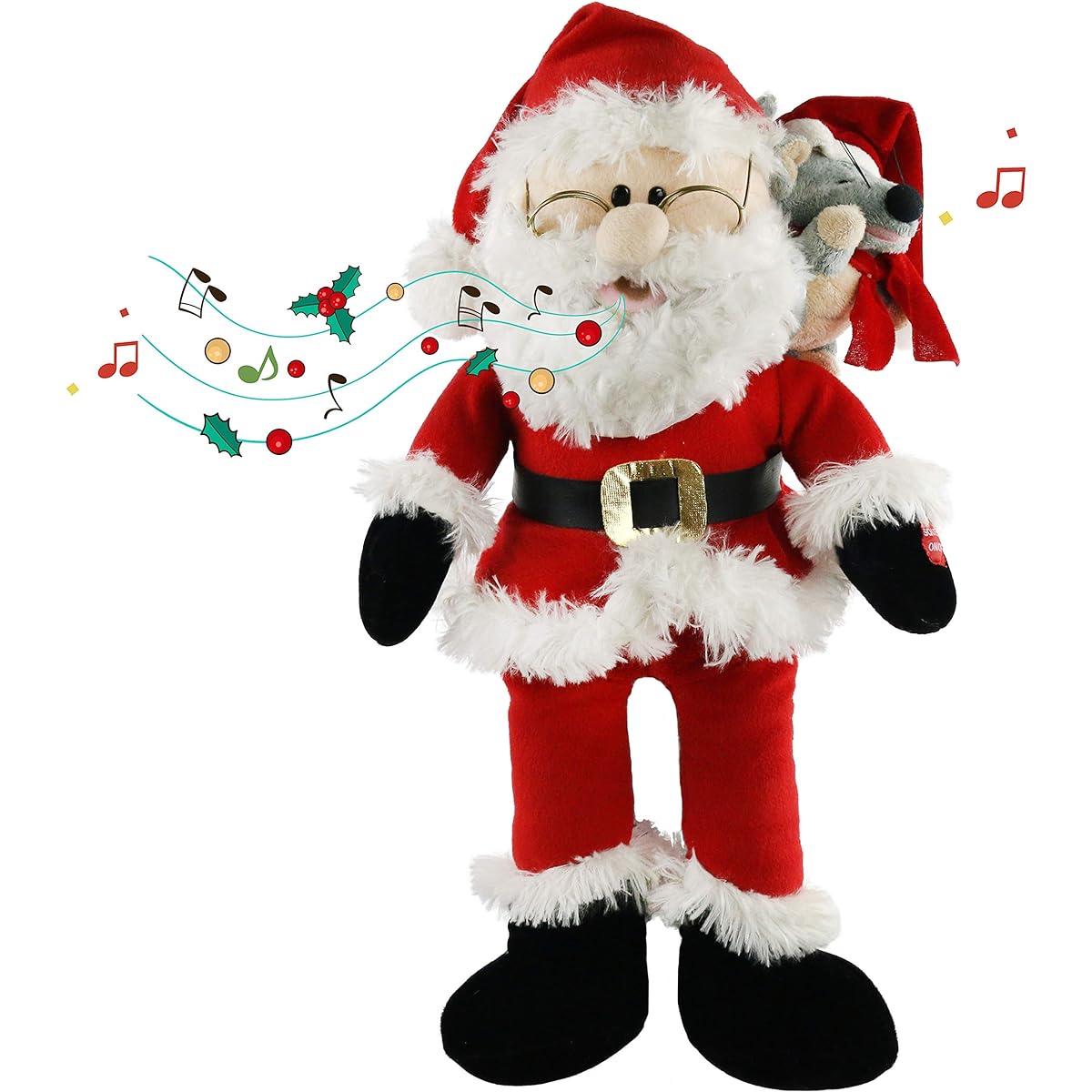 Houwsbaby Singing Twerking Santa Claus Interactive Christmas Plush Toy with Music Electronic Animated Stuffed Animal Mouse on Shoulder Red 20"