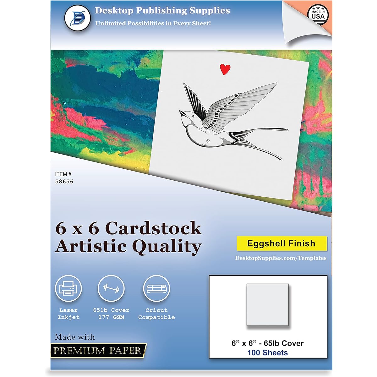 Premium Artist Card Stock Square (6 x 6) White Eggshell Finish (65 lb Cover) - for Spin Art Refills, Sketching, Charcoal, Watercolor, Painting (100 Sheets)