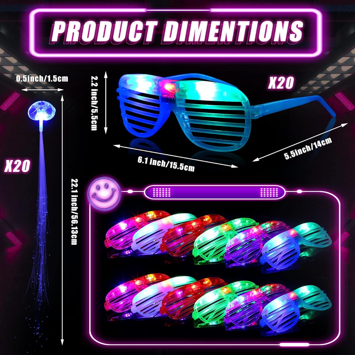 60 Pack Valentine Gifts Glow in the Dark Valentine Bulk Toys for Kids Valentine Party Favors Classroom Prizes 20 Light Up Glasses 20 LED Headbands 20 Fiber Hair Lights
