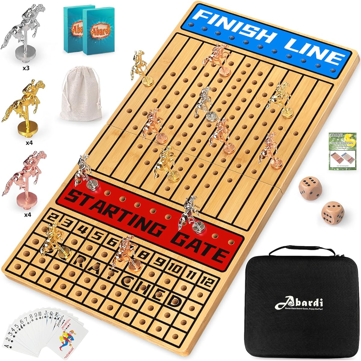 Abardi Horse Racing Board Game Horse Racing Board Game 11 Luxurious Metal Horses Horse Racing Game Board 23.6 Inch Thick Bamboo 2 Solid Wood Dice, 2 Boxes of Cards.