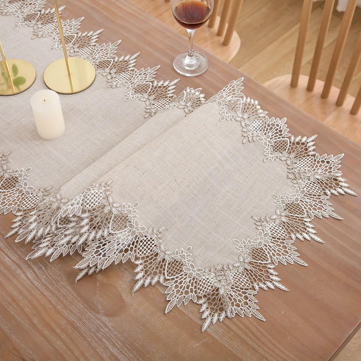 LIGICKY Linen Table Runner Neutral Lace Table Runner 72" Long Beige and Tan Embroidered Runner for Dresser Top Spring Summer Wedding Home Dining Table Decoration 16x72"