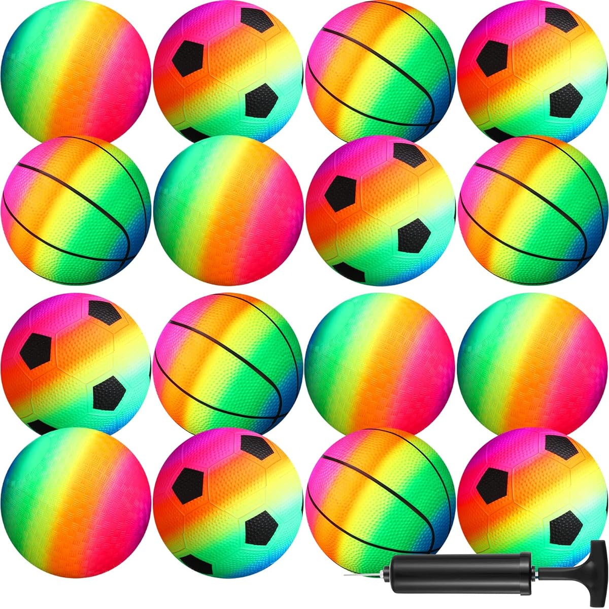 Lenwen 15 Pieces Rainbow Playground Sports Balls for Kids with 1 Hand Pump, 6" Inflatable Balls Basketball Soccer Kickball Dodgeball for Kids Teens 3-12 Years Indoor Outdoor Schoolyard Ball Games