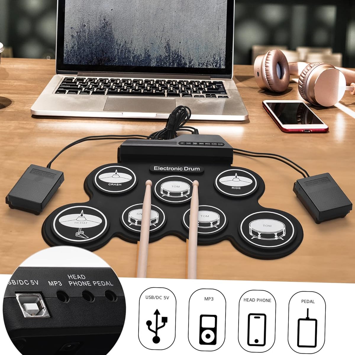 summina Electronic Drum USB Roll Up Silicone Drum Set Digital Electronic Drum Kit 7 Drum Pads Drum Sticks Foot Pedal Beginner Children Kids