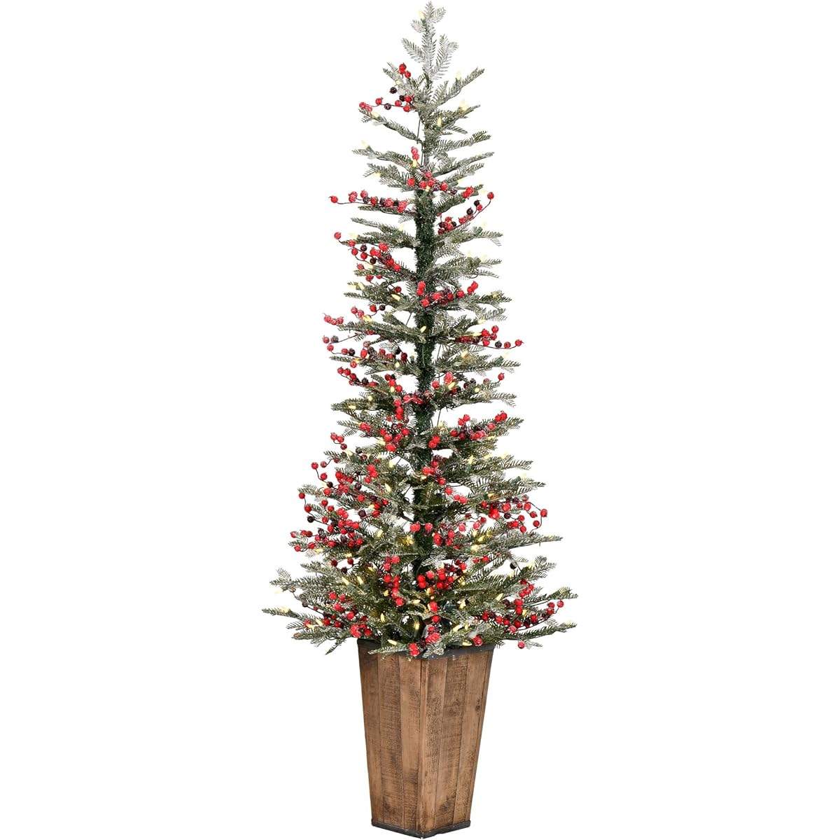 Vickerman 5.5ft Frosted Berry Potted Pine Artificial Christmas Tree, Warm White, Duralight LED Lights, Faux Berry Christmas Tree, Seasonal Indoor Decor