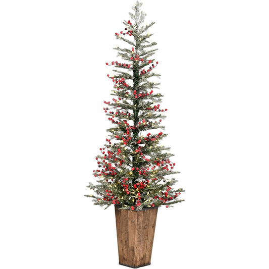 Vickerman 5.5ft Frosted Berry Potted Pine Artificial Christmas Tree, Warm White, Duralight LED Lights, Faux Berry Christmas Tree, Seasonal Indoor Decor