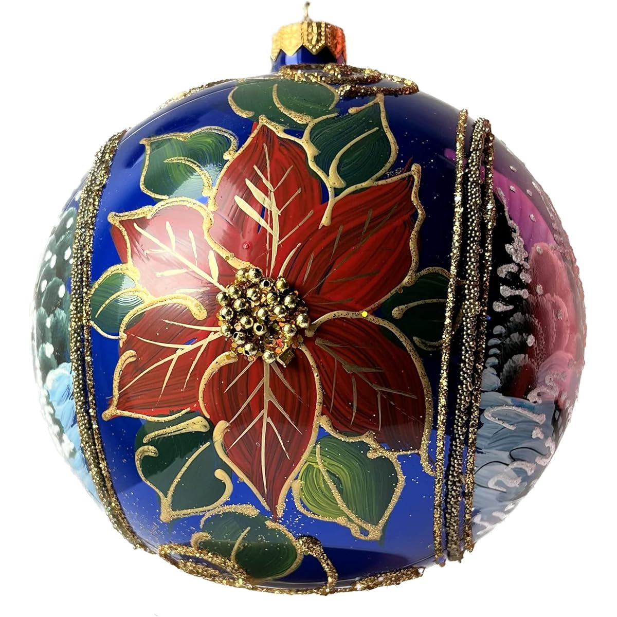 Polish Gallery Christmas Ornament Winter's Red Poinsettia Blown Glass Ball (Navy Blue 150mm)