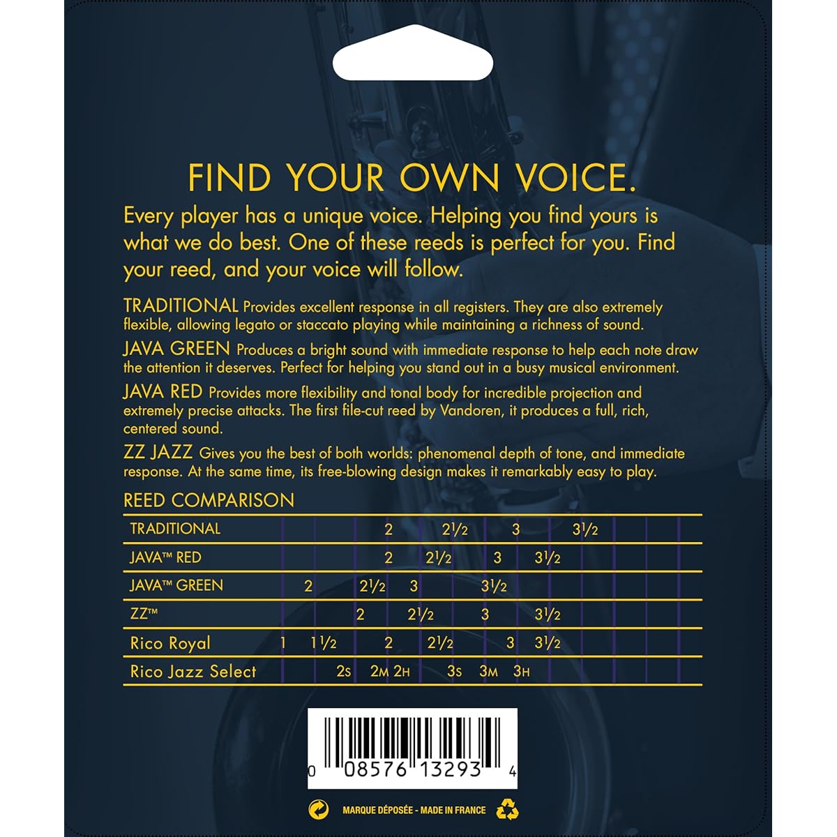 Vandoren SRMIX B 25 Bari Saxophone Jazz Lead Mix Card includes each of ZZ, V 16, JAVA, and JAVA Red Strength 2.5.