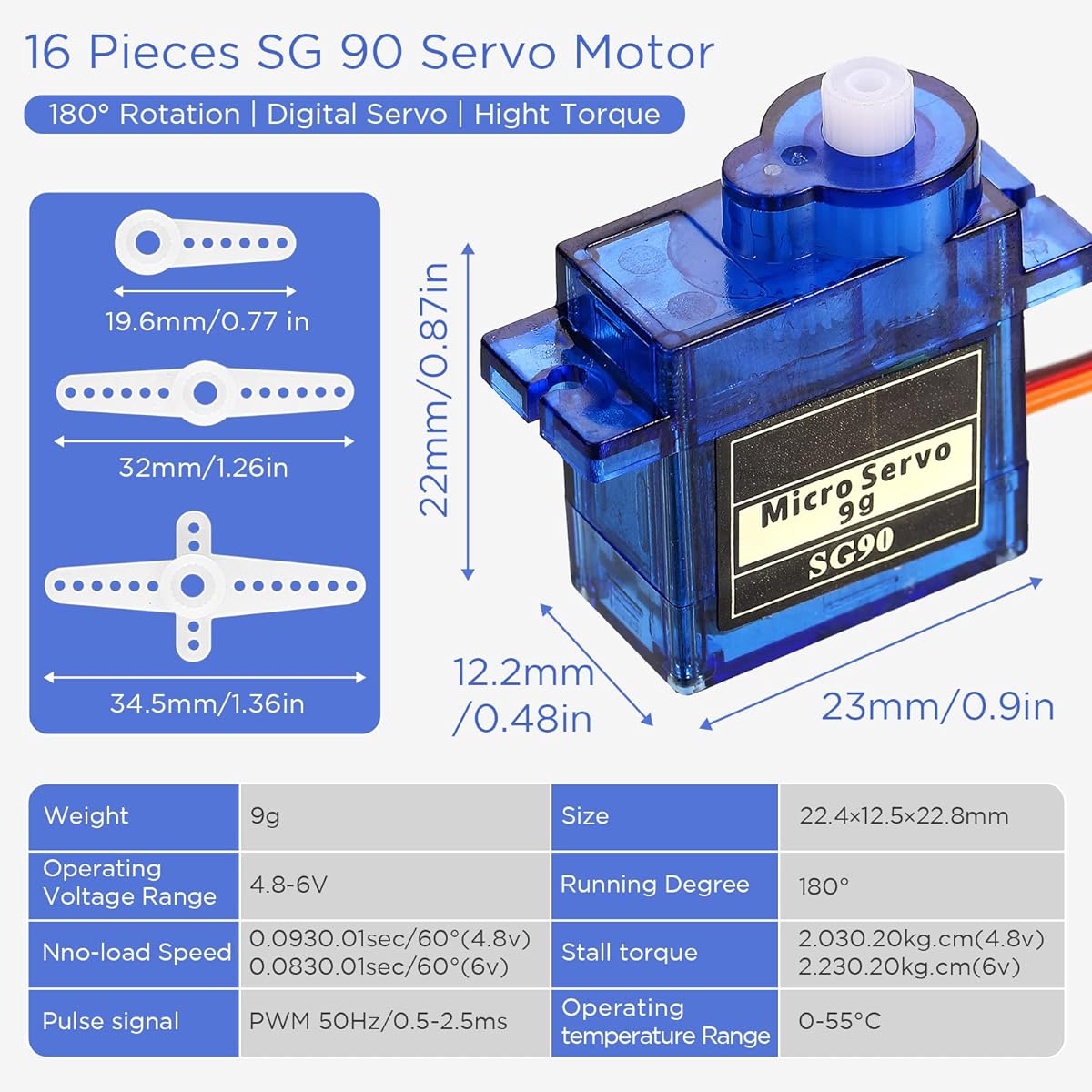 Hanaive 16pcs SG90 9g Micro Servo Motor Mini Servo Motor RC Servo Kit for Robot Helicopter Airplane Car Boat Control