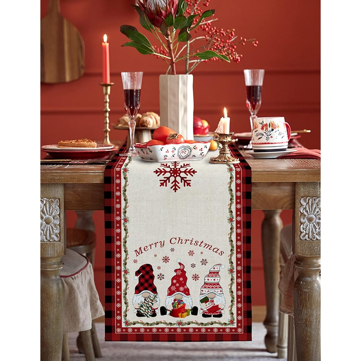 Table Runner 48" Length Merry Christmas Gnomes and Snowflakes Red and Black Buffalo Check Cotton Linen Table Runner Heat Resistant Washable for Dining Room 13x48"