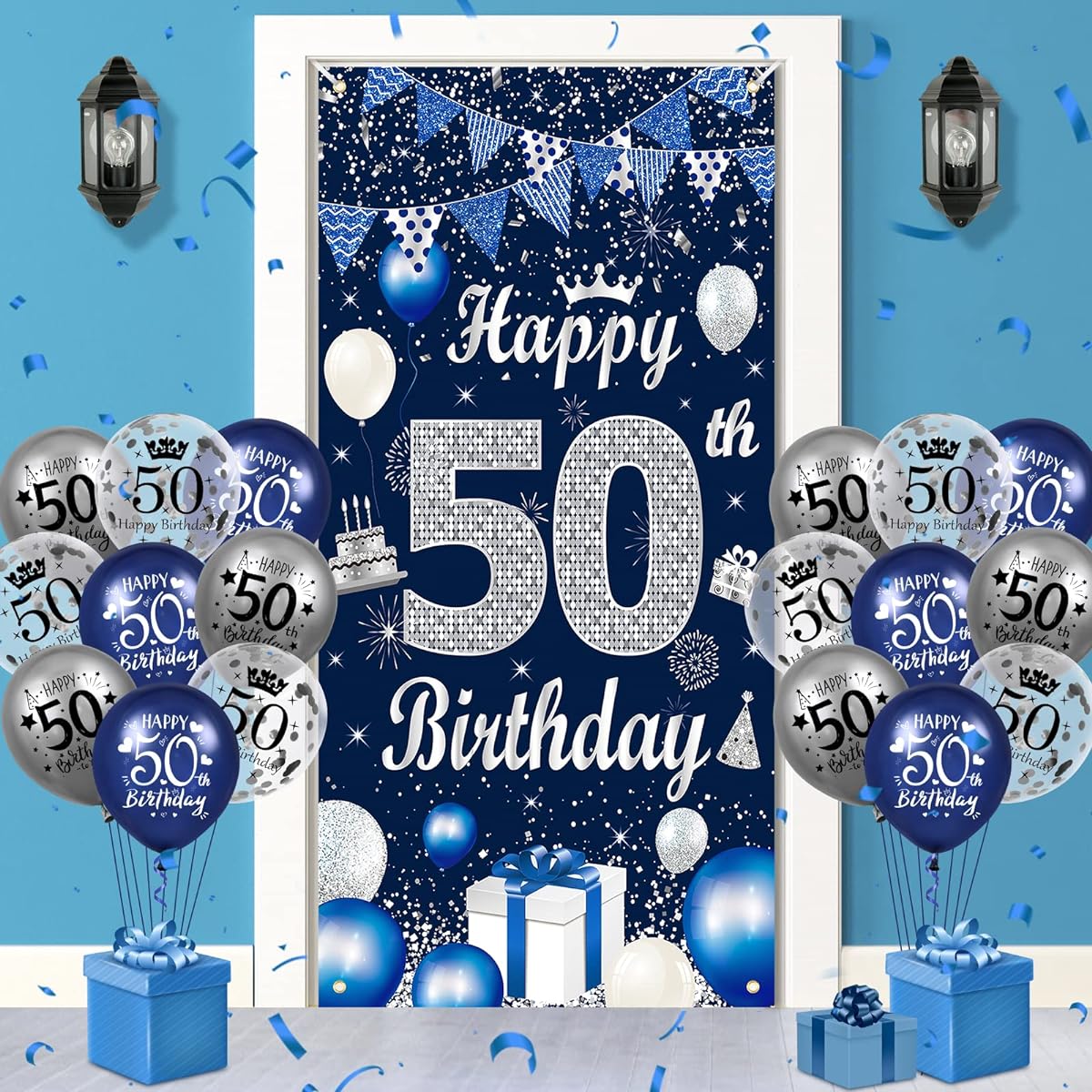 50th Birthday Decorations for Men Navy Blue Silver Happy 50th Birthday Door Banner Cover 18 Pieces Blue Silver 50th Birthday Balloons for Men and Women 50th Birthday Party Decorations