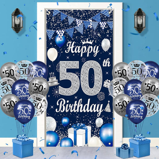 50th Birthday Decorations for Men Navy Blue Silver Happy 50th Birthday Door Banner Cover 18 Pieces Blue Silver 50th Birthday Balloons for Men and Women 50th Birthday Party Decorations