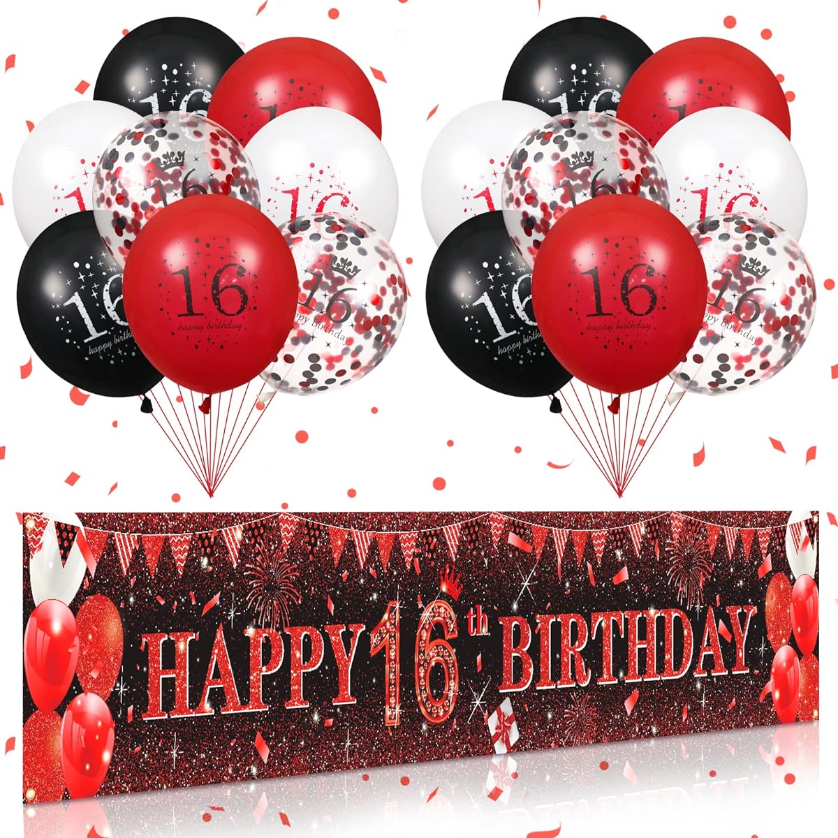 Red 16th Birthday Decorations for Boys Girls, Red Black Glitter 16th Birthday Banner Yard Sign, 16 Red Black 16th Birthday Latex Balloons, 16th Birthday Anniversary Party Supplies (Red 16)