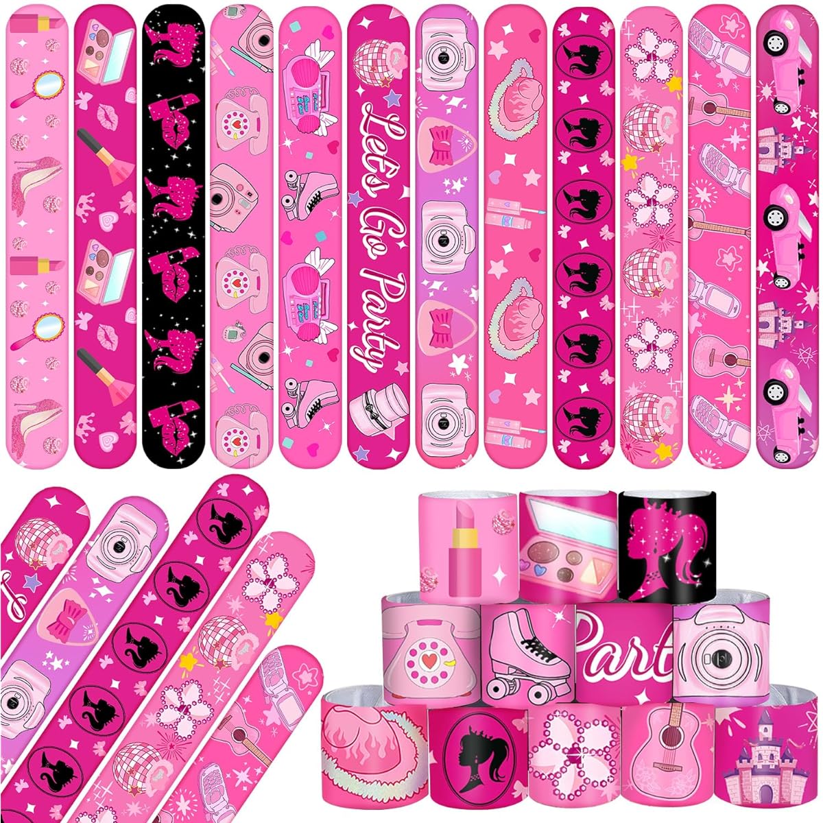 48pcs Pink Girl Slap Bracelets Wristbands Hot Pink Party Favors Decorations for Kids Girls Women Adults Hot Pink Princess Birthday Party Pink Party Bachelorette Party Gift Bag Stuffing